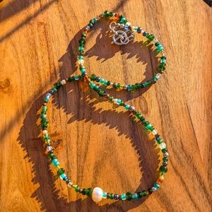 Fairycore Green Seed Bead Pearl  Necklace with Silver Toggle Clasp